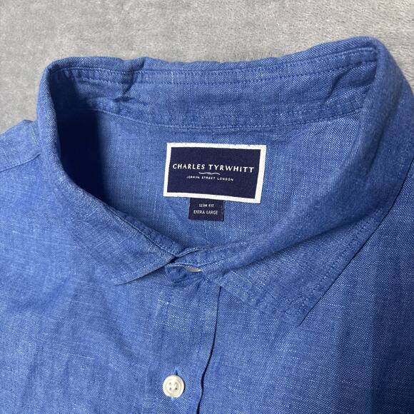 Charles Tyrwhitt Shirt Men XL Linen Slim Fit Button Up L/S Dress Shirt Blue - Picture 2 of 7